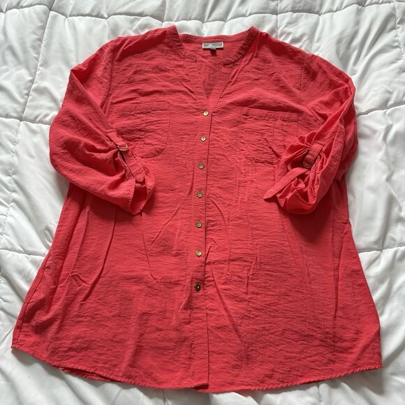 JM Collection Shirt Blouse Womens Size 18 Red Long Sleeve Button Up Top V Neck - Picture 1 of 11